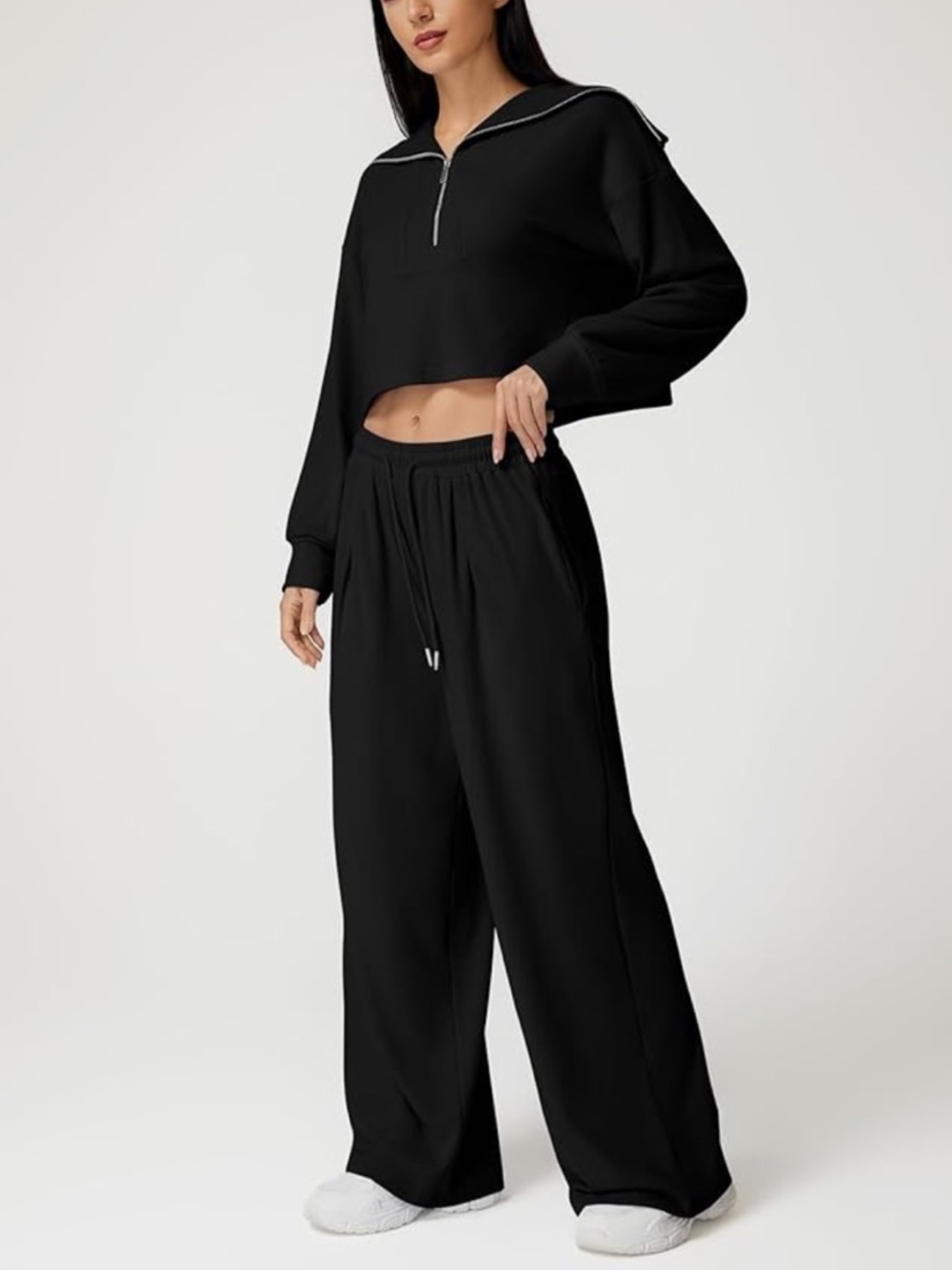 Black Wide-Leg two piece set Drawstring Pants - Women's Casual Lounge